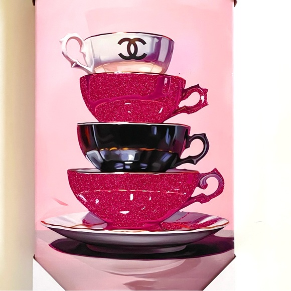 DESIGN DISTRICT STUDIO Wall Art Print Teacups Chanel 10x20 Pink Glitter Canvas - Picture 4 of 8
